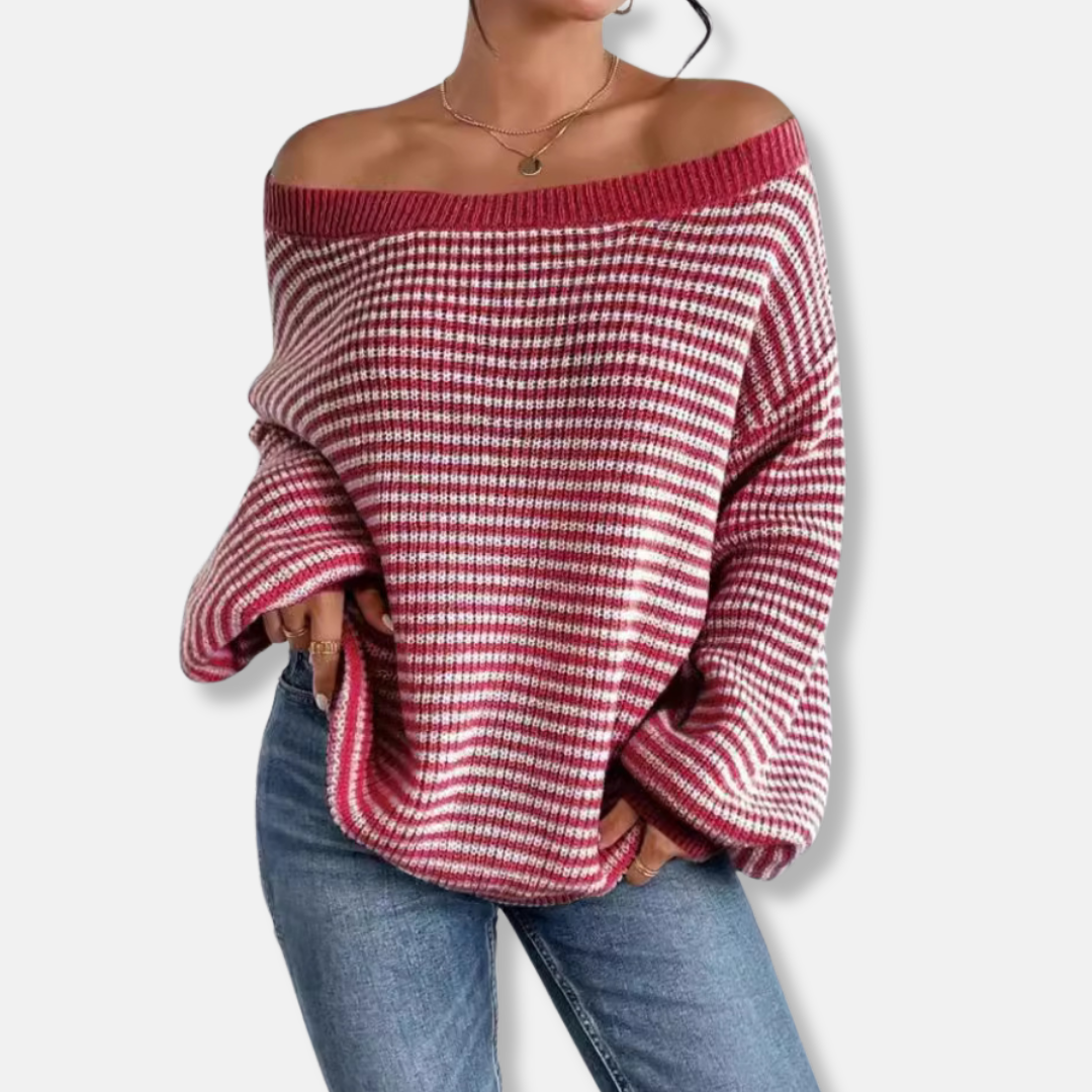Womens Knitted Sweatshirt Textured Stripe Relaxed Fit Boat Neck