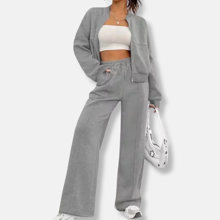 Womens Two-Piece Set Bomber Jacket Cropped Wide Leg Trousers