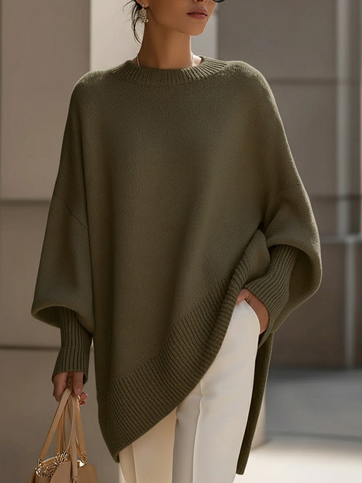 Womens Knit Poncho Sweater Crew Neck Batwing Sleeve Asymmetric
