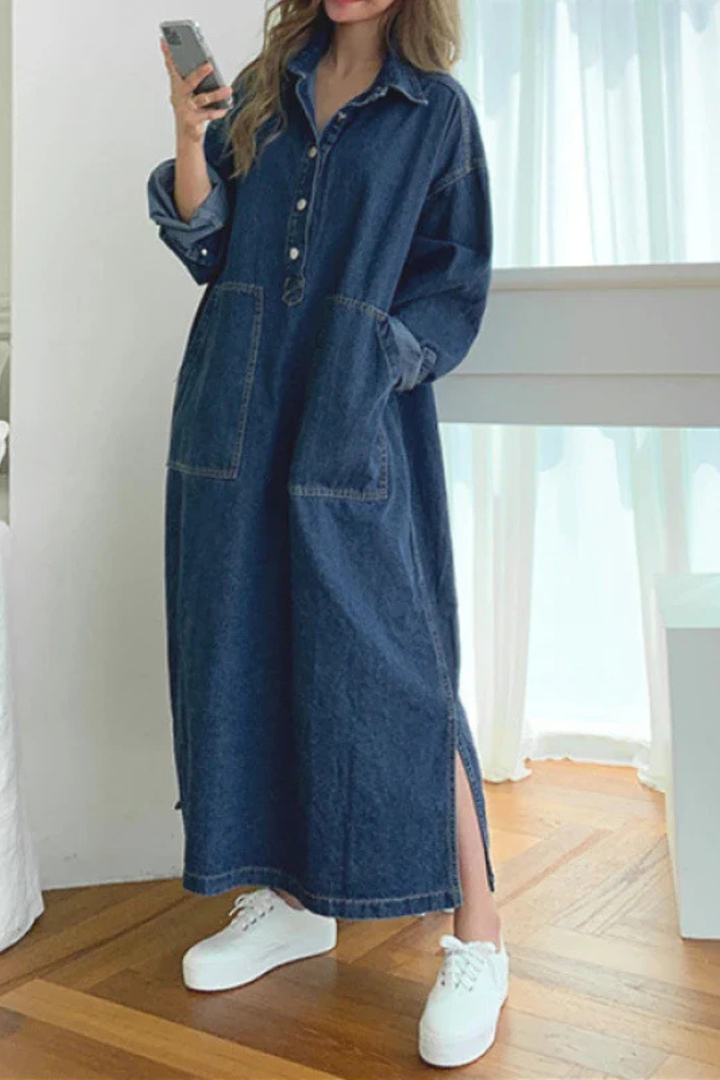 Womens Denim Maxi Dress Oversized Long Sleeve Collared with Pockets