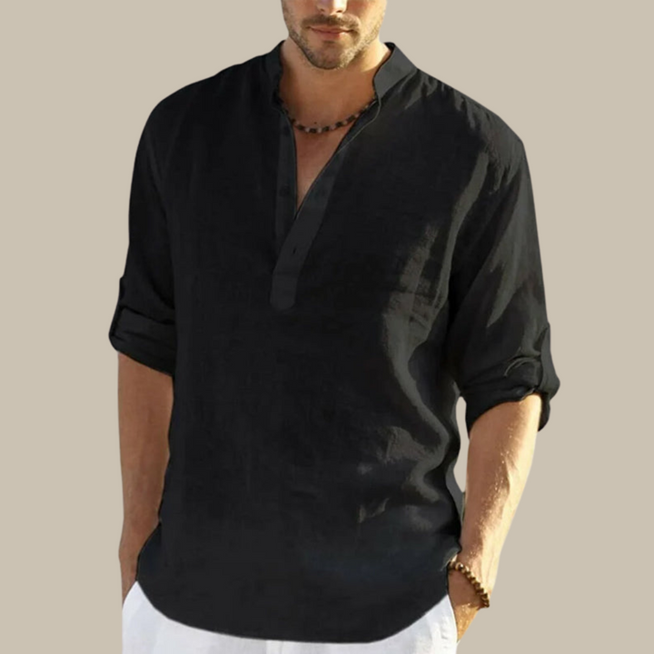 Mens V-Neck Shirt with Mandarin Collar Lightweight Summer Fit