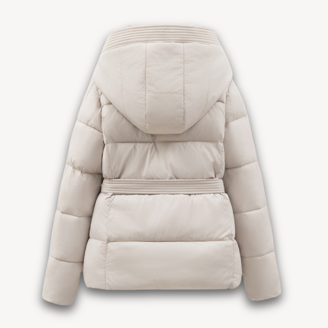 Womens Puffer Jacket with Hood and Belted Waist