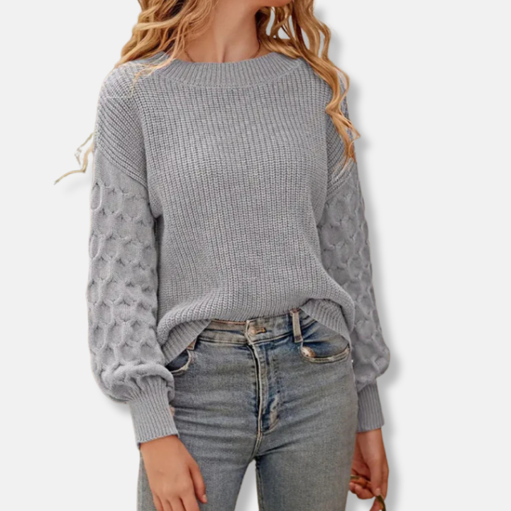 Womens Pullover Sweatshirt Textured Knit Relaxed Fit Balloon Sleeves - BritishMode