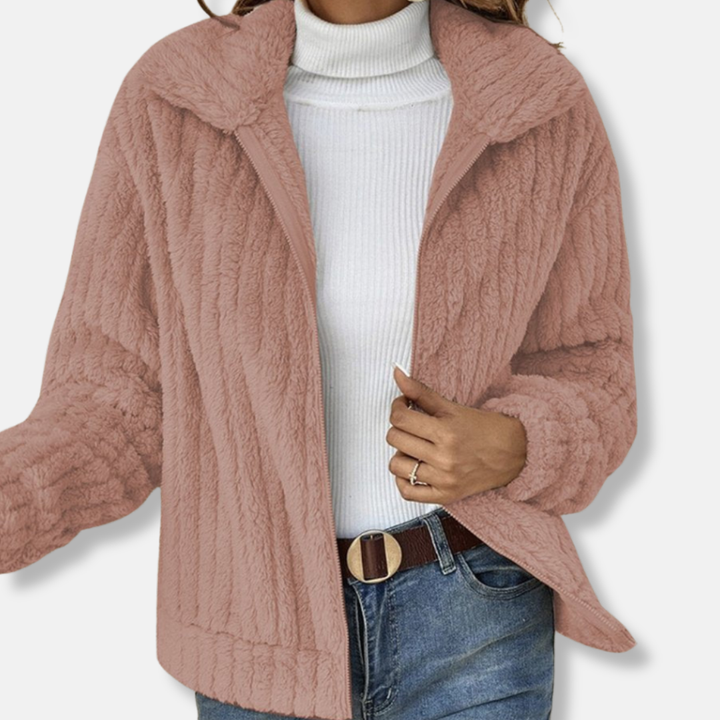 Womens Ribbed Teddy Bomber Jacket Cropped Relaxed Fit
