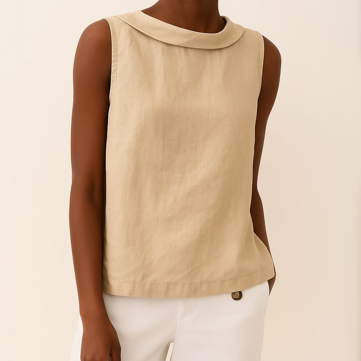 Womens Sleeveless Linen Top Rolled Collar Relaxed Fit