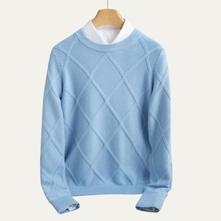 Mens Crew Neck Sweater Argyle Pattern Ribbed Fit
