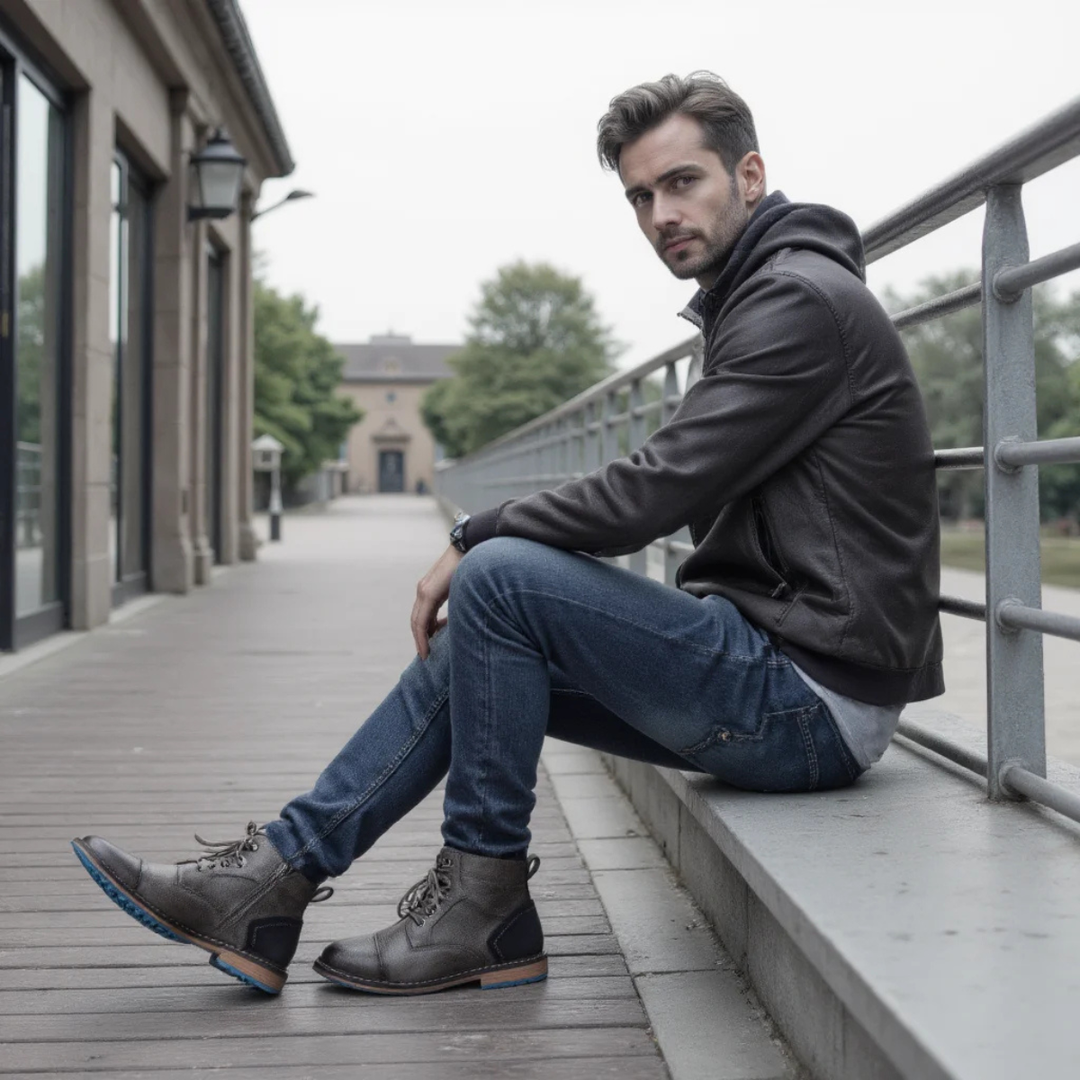 Mens Casual Leather Ankle Boots Lace-Up