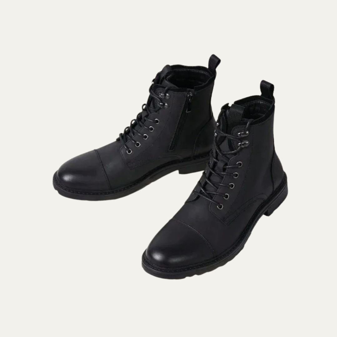Mens Ankle Boots Leather Cap Toe Lace-Up Combat Style - BritishMode
