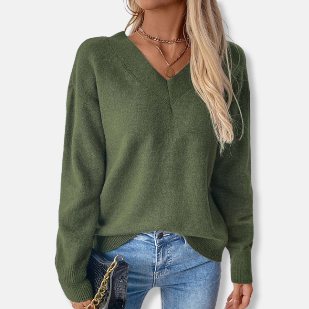 Womens Ribbed V-Neck Sweater Relaxed Fit Long Sleeve