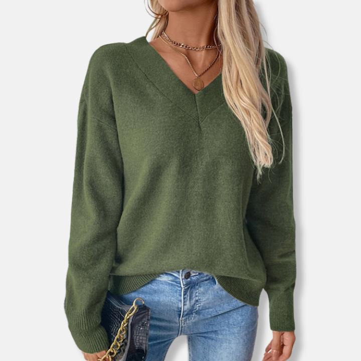 Womens Ribbed V-Neck Sweater Relaxed Fit Long Sleeve