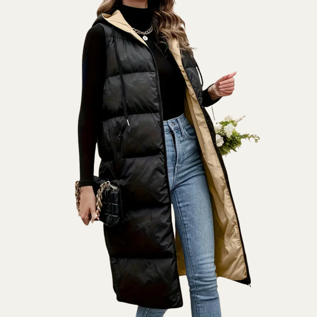 Womens Longline Puffer Vest with Hooded Design - BritishMode