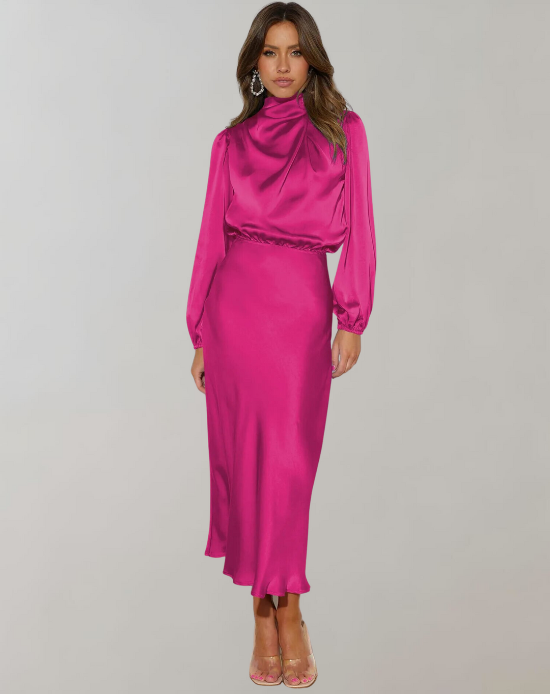Womens Satin Bodycon Midi Dress Long Sleeve