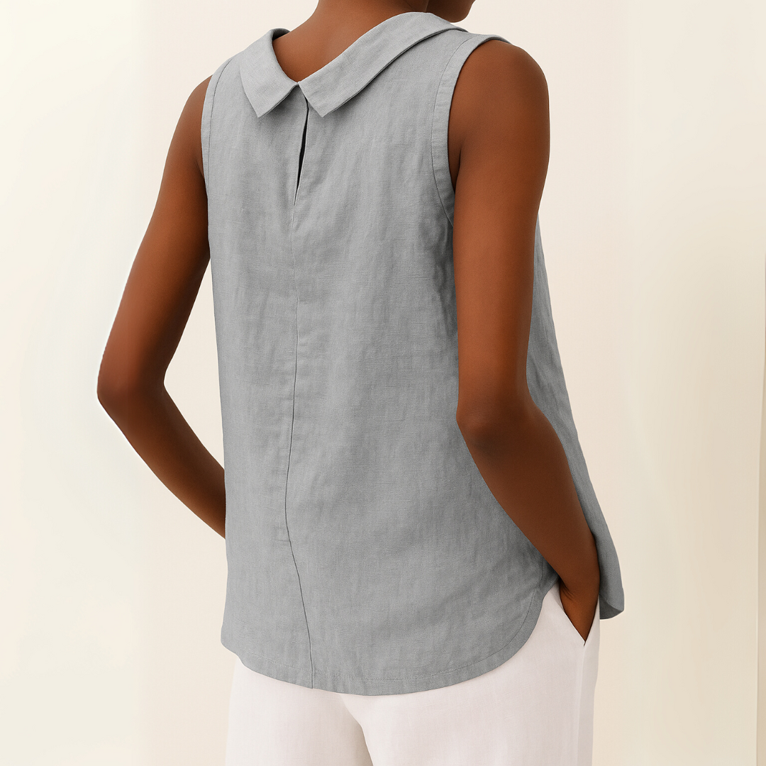 Womens Sleeveless Linen Top Rolled Collar Relaxed Fit