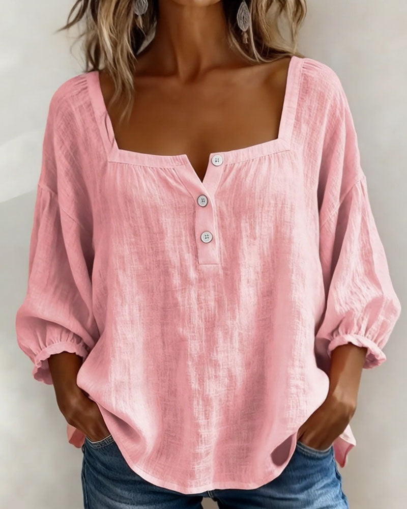 Womens Blouse Square Neck Puff Sleeve Button Front - BritishMode