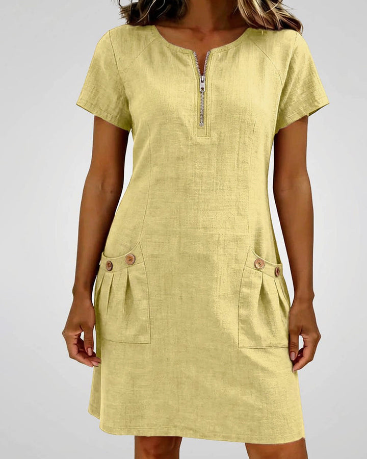 Womens Shift Dress Short Sleeve Zip Neck with Pockets
