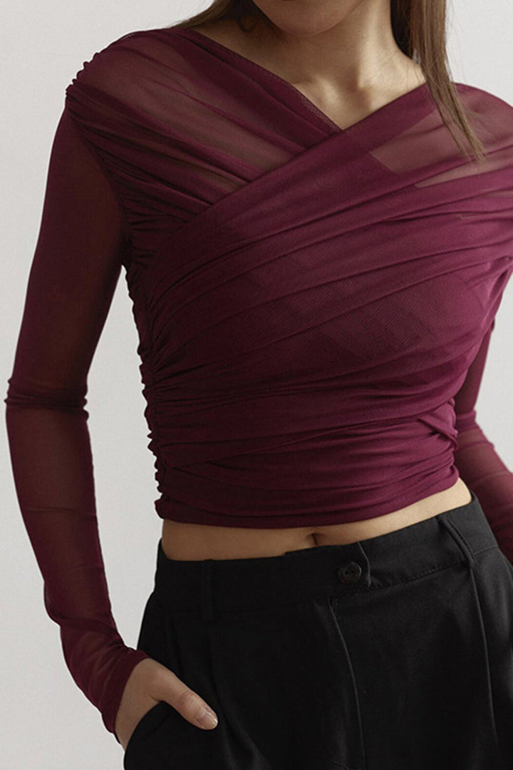 Womens Crop Top Mesh Overlay Ruched Long Sleeve - BritishMode