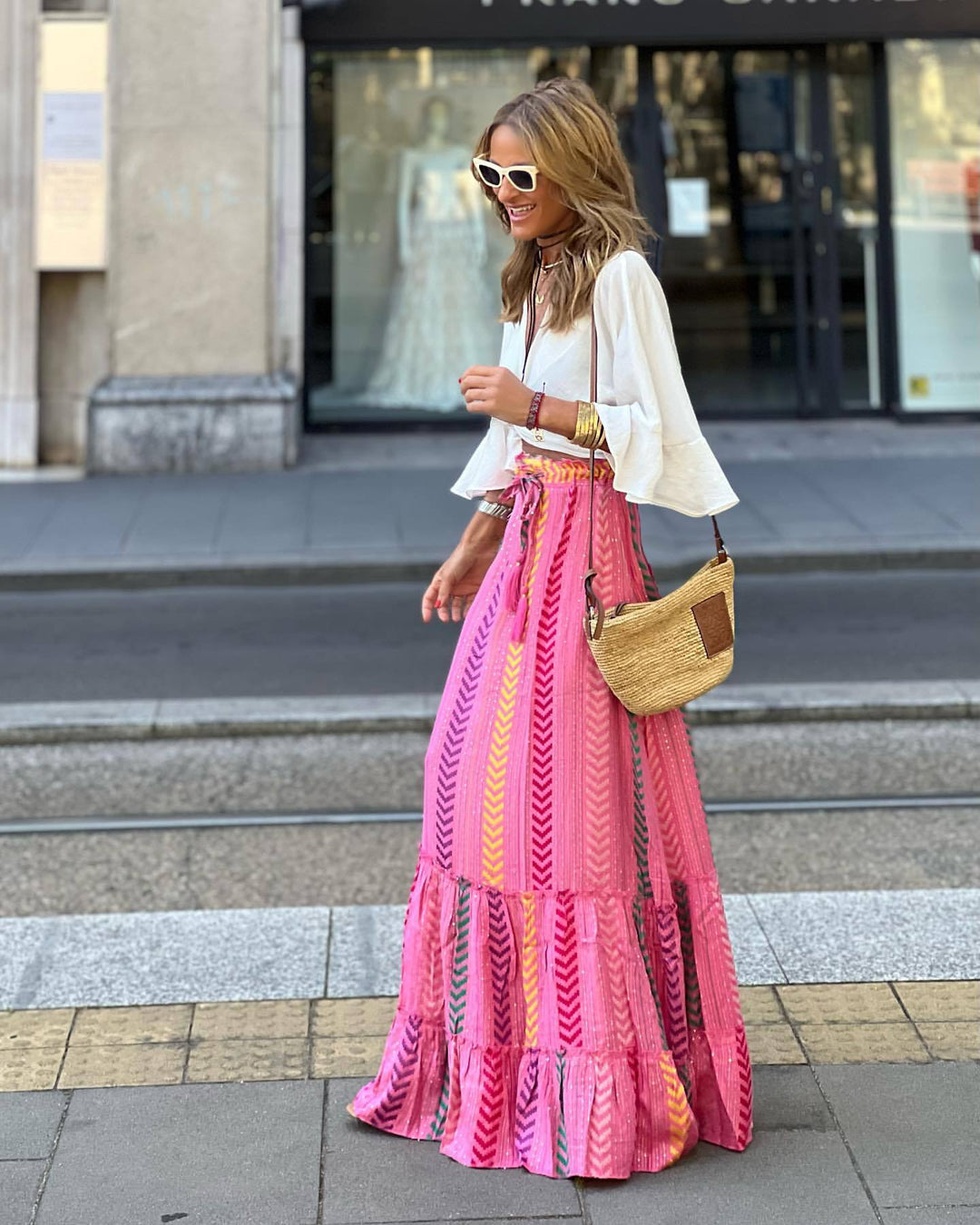 Womens Maxi Skirt with Motion Stitching Relaxed Fit