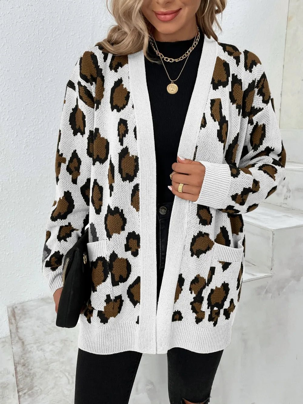 Womens Open Front Sweater Animal Print Relaxed Fit