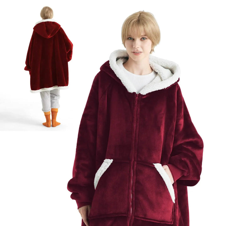 Unisex Wearable Blanket Hoodie Sherpa Fleece Zippered Warm