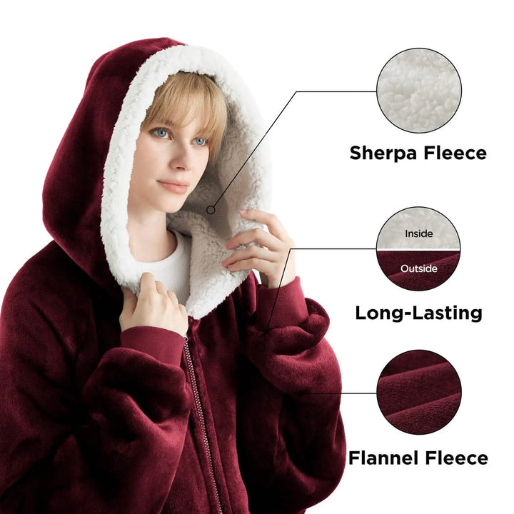 Unisex Wearable Blanket Hoodie Sherpa Fleece Zippered Warm
