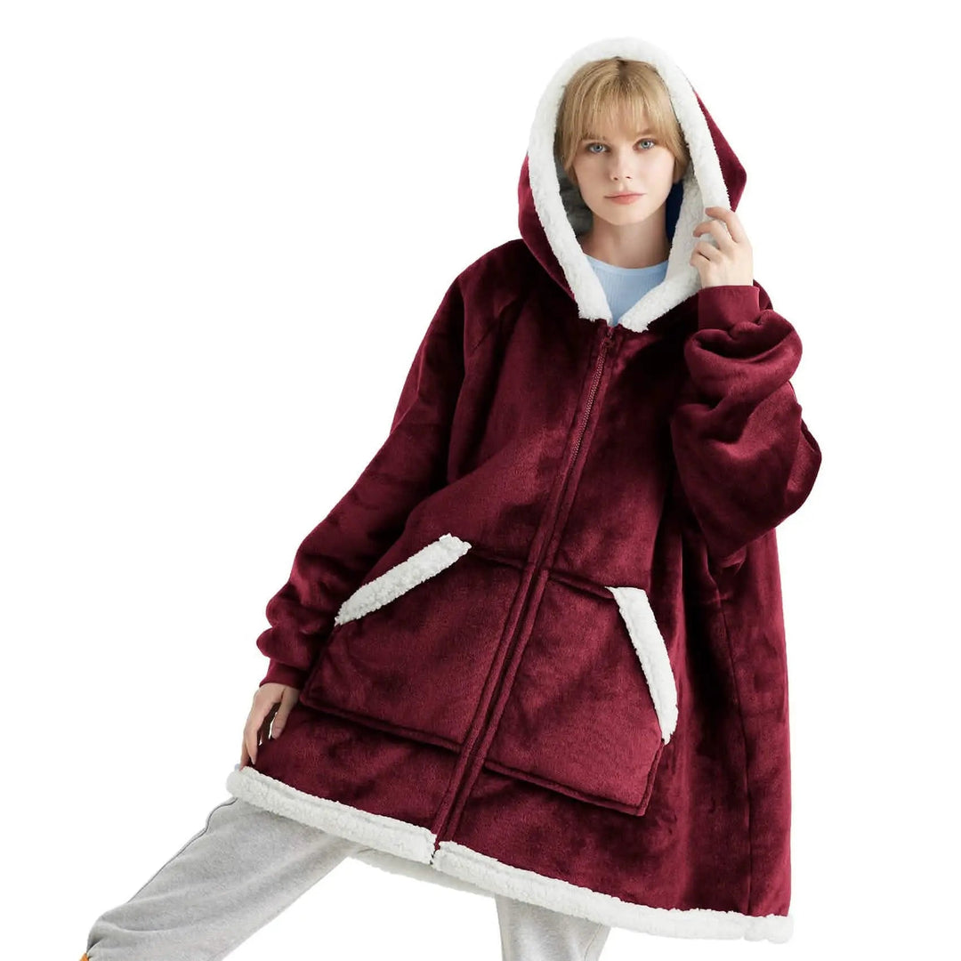 Unisex Wearable Blanket Hoodie Sherpa Fleece Zippered Warm
