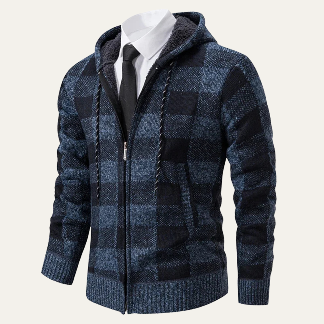 Mens Casual Knitted Jacket Zip Hooded Plaid