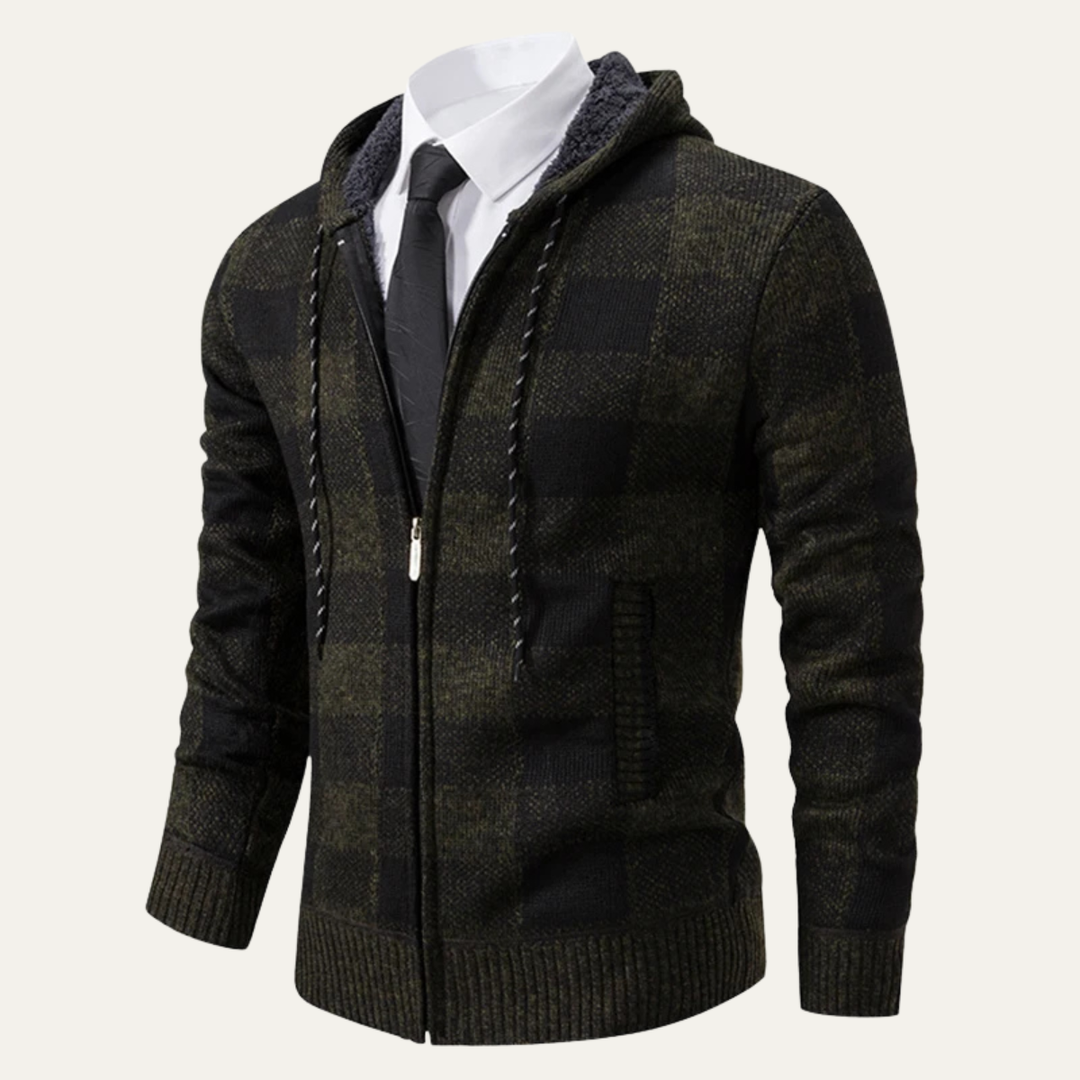 Mens Casual Knitted Jacket Zip Hooded Plaid