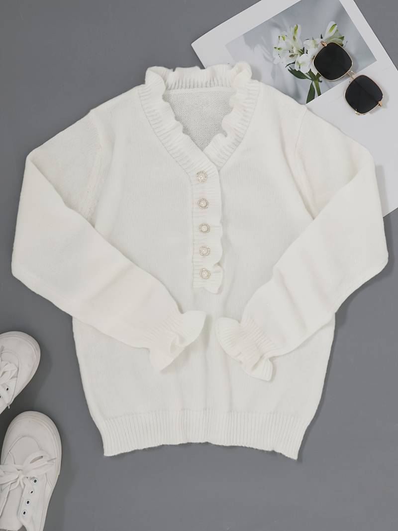 Womens Knit Cardigan with Pearl Buttons V-Neck Long Sleeve