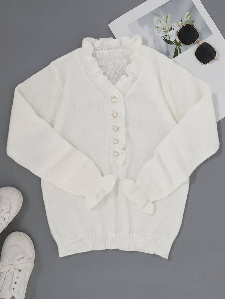 Womens Knit Cardigan with Pearl Buttons V-Neck Long Sleeve