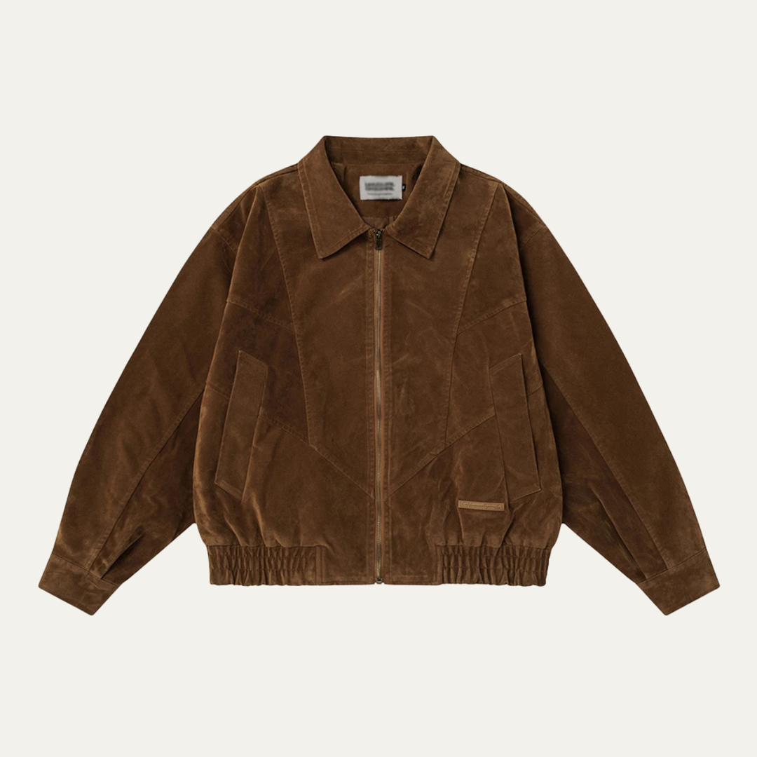 Mens Suede Bomber Jacket Retro Zip-Up Style