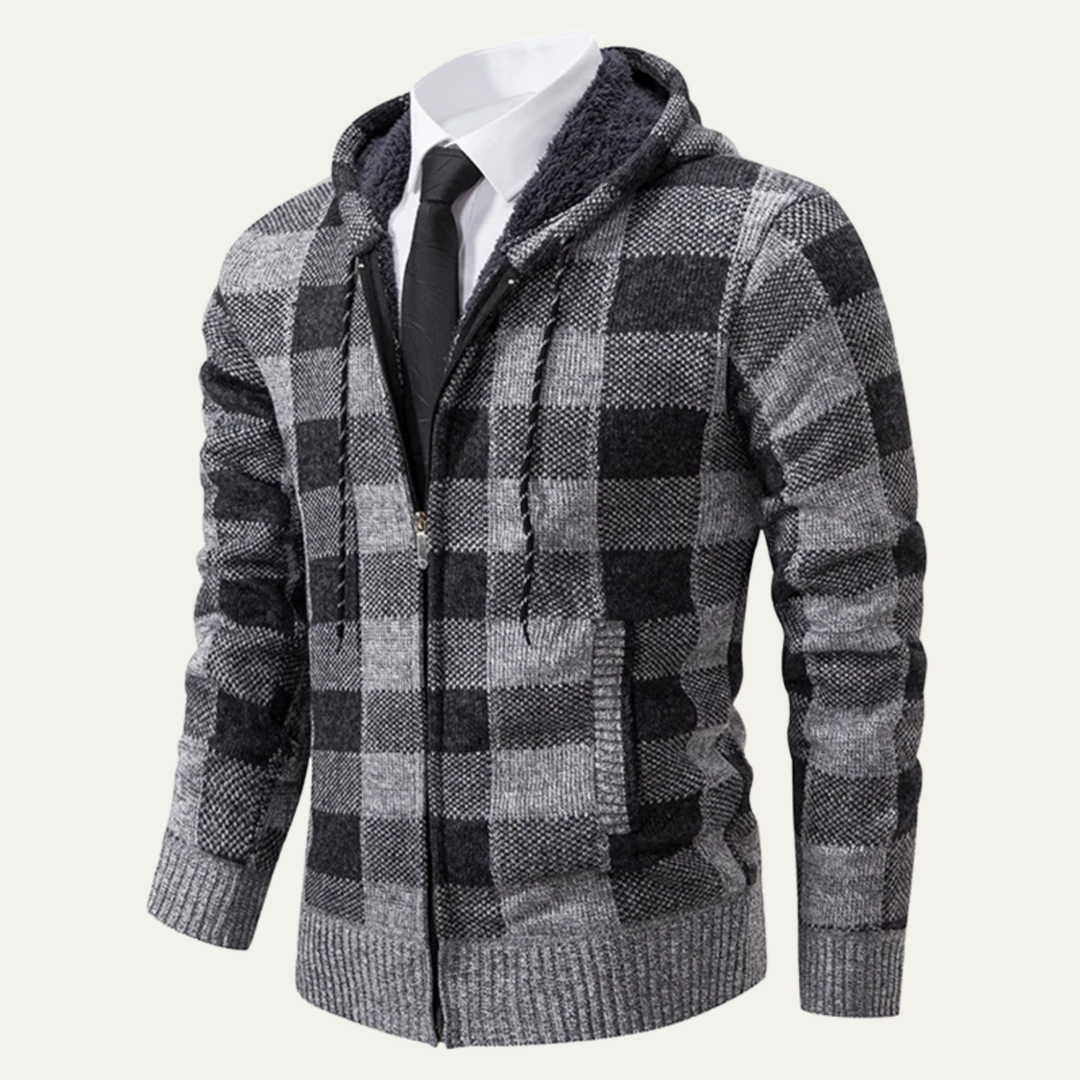 Mens Casual Knitted Jacket Zip Hooded Plaid