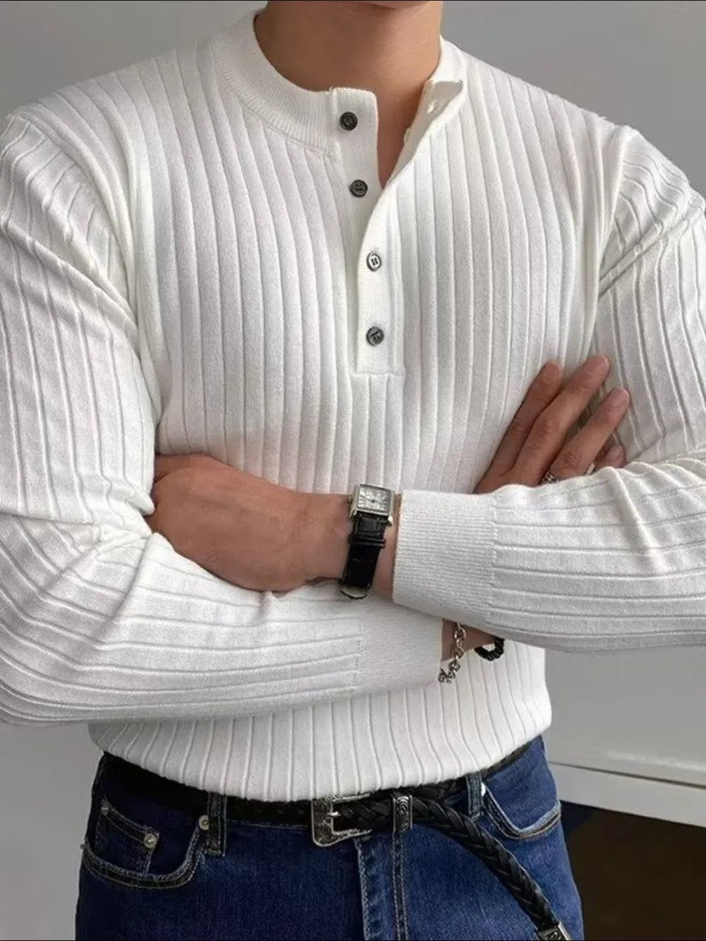 Mens Sweater Textured Knit Crew Neck Long Sleeve
