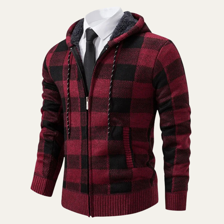 Mens Casual Knitted Jacket Zip Hooded Plaid