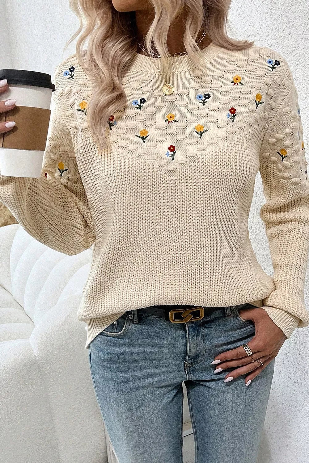 Womens Pullover Sweater Patterned Crew Neck