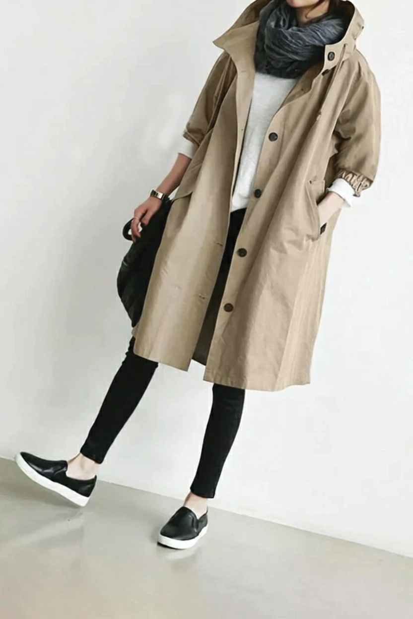 Womens Hooded Trench Coat Lightweight Relaxed Fit