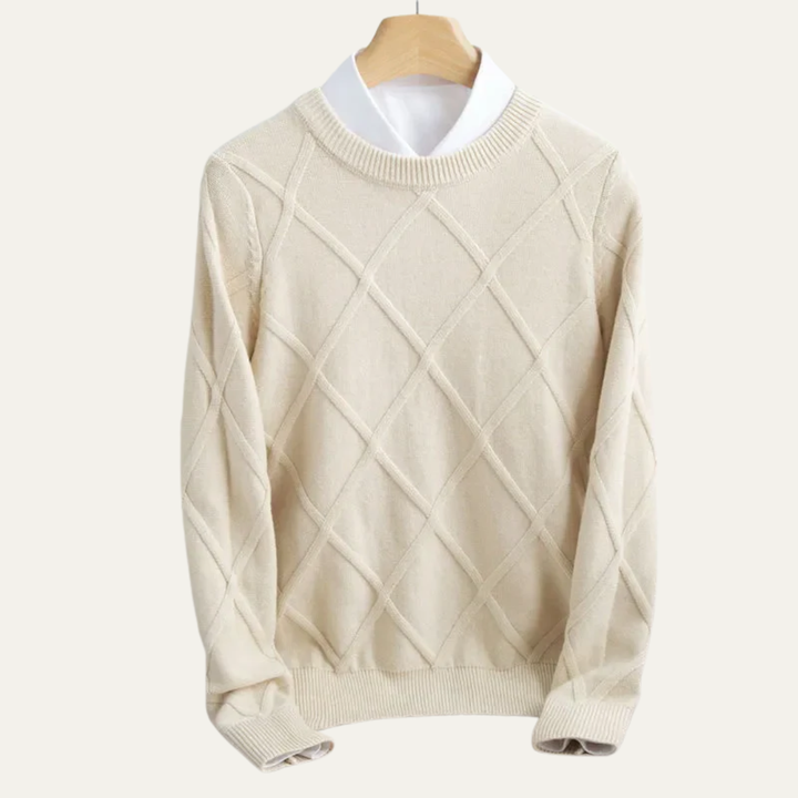 Mens Crew Neck Sweater Argyle Pattern Ribbed Fit