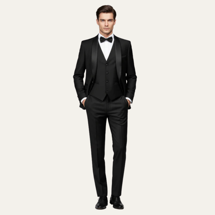 Mens Three-Piece Tuxedo Suit Satin Lapel Tailored Fit