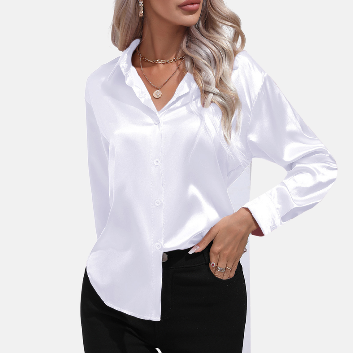 Womens Satin Button-Down Blouse Relaxed Fit Collared