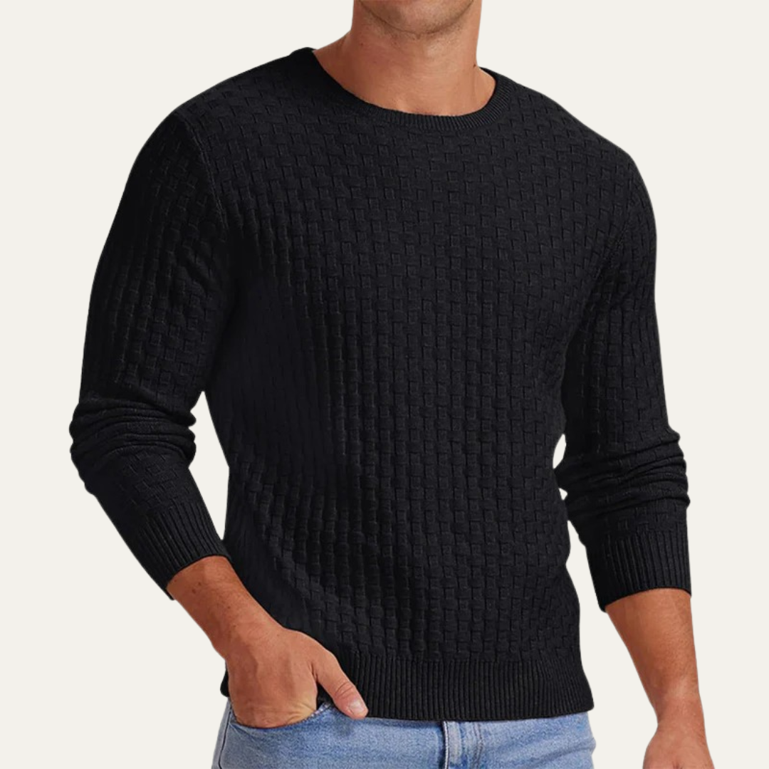 Mens Crew Neck Sweater Textured Basket Weave Knit