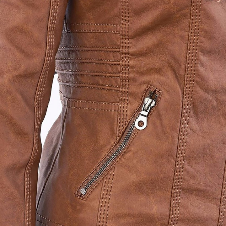 Womens Leather Hooded Jacket Waterproof