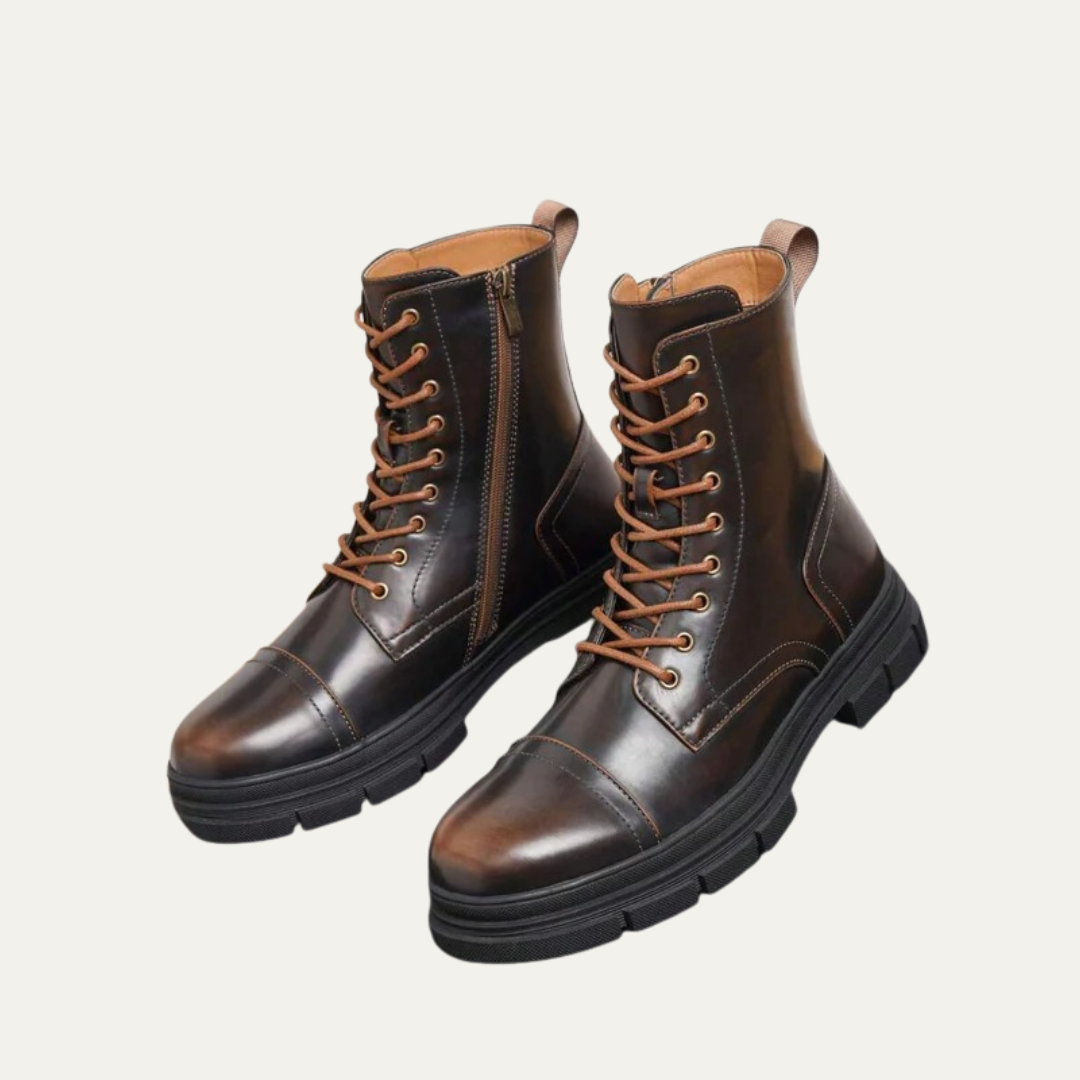 Mens Combat Boots Leather Cap Toe Side Zipper