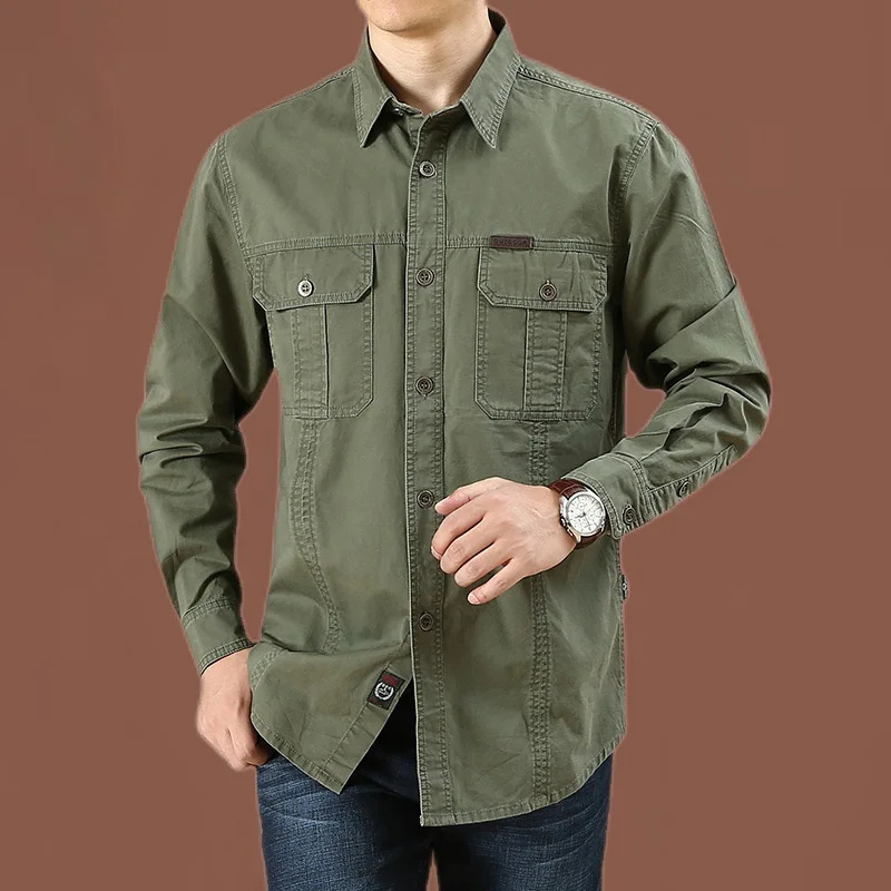 Unisex Work Shirt Cotton Relaxed Fit Long Sleeve with Pockets