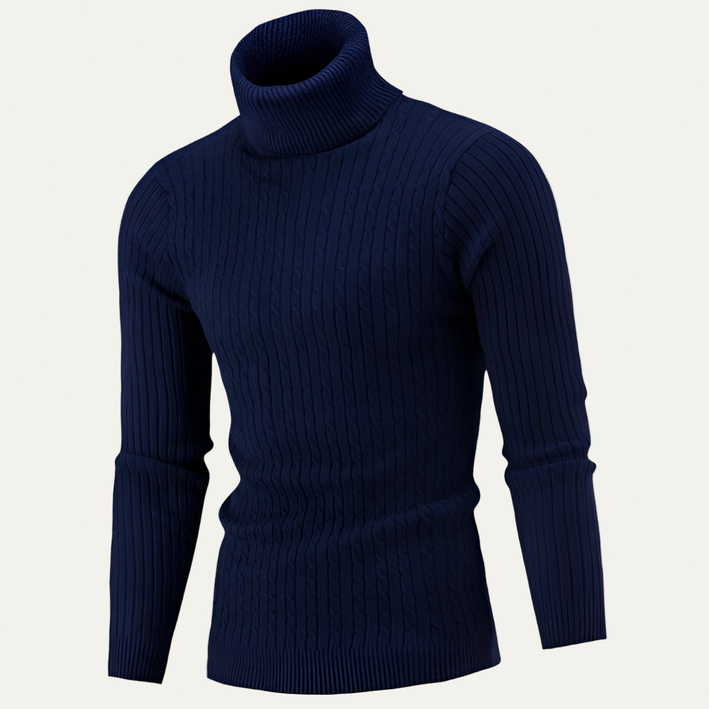 Mens Turtleneck Sweater Ribbed Cable Knit Slim Fit