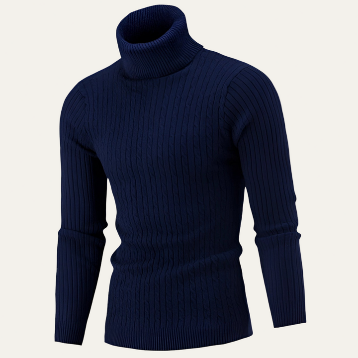 Mens Turtleneck Sweater Ribbed Cable Knit Slim Fit