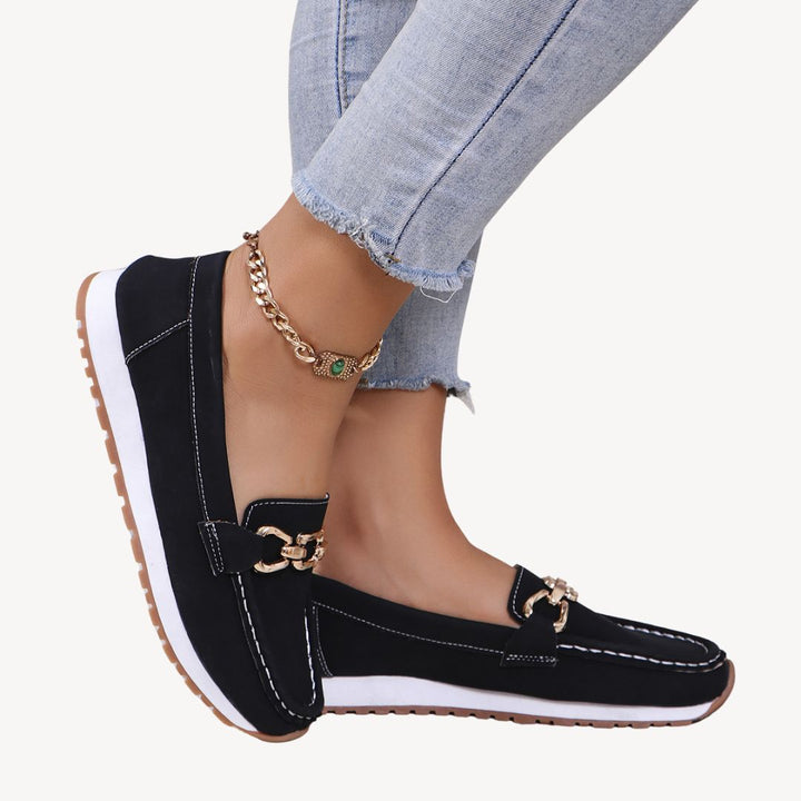 Womens Orthopedic Suede Loafers with Chain Detail