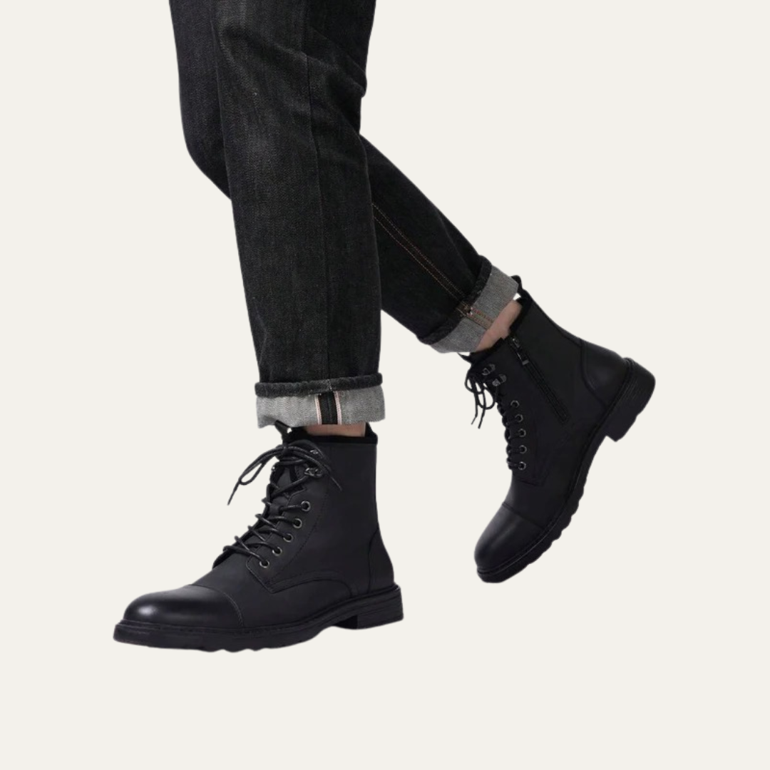 Mens Ankle Boots Leather Cap Toe Lace-Up Combat Style