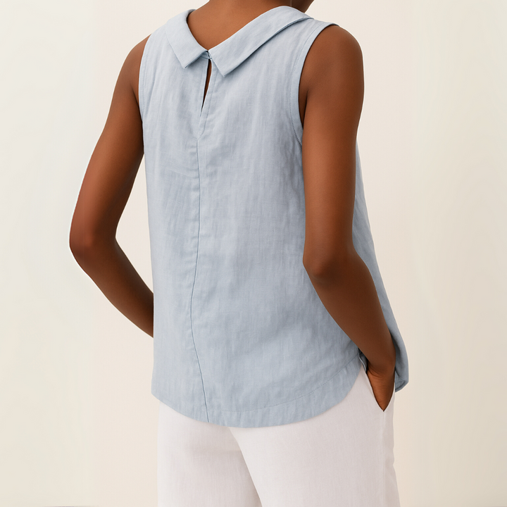 Womens Sleeveless Linen Top Rolled Collar Relaxed Fit