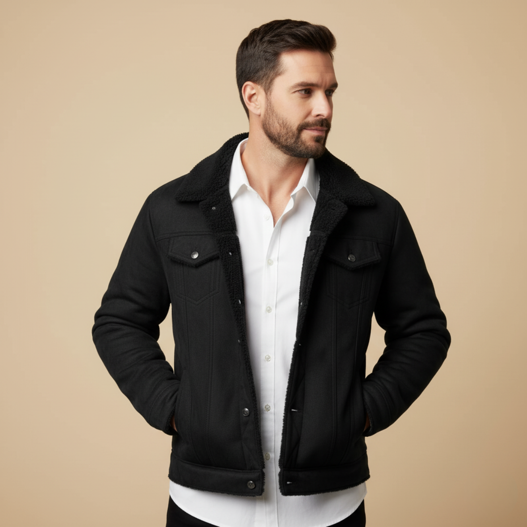 Mens Vintage Leather Jacket with Shearling Collar