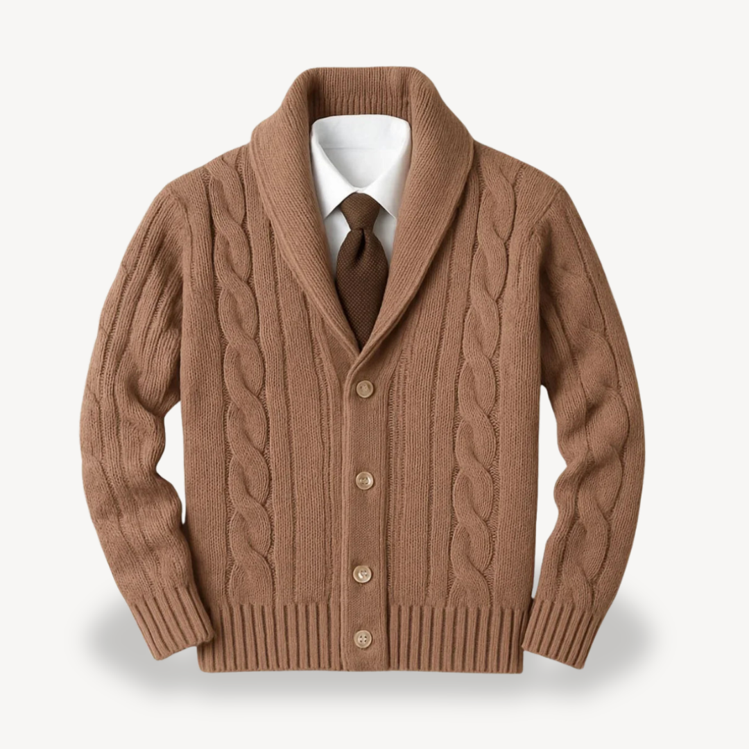 Mens Cable Knit Cardigan with Shawl Collar