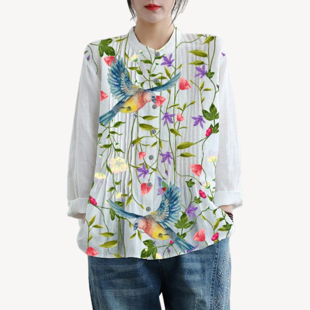 Womens Blouse Linen Pleated Relaxed Fit